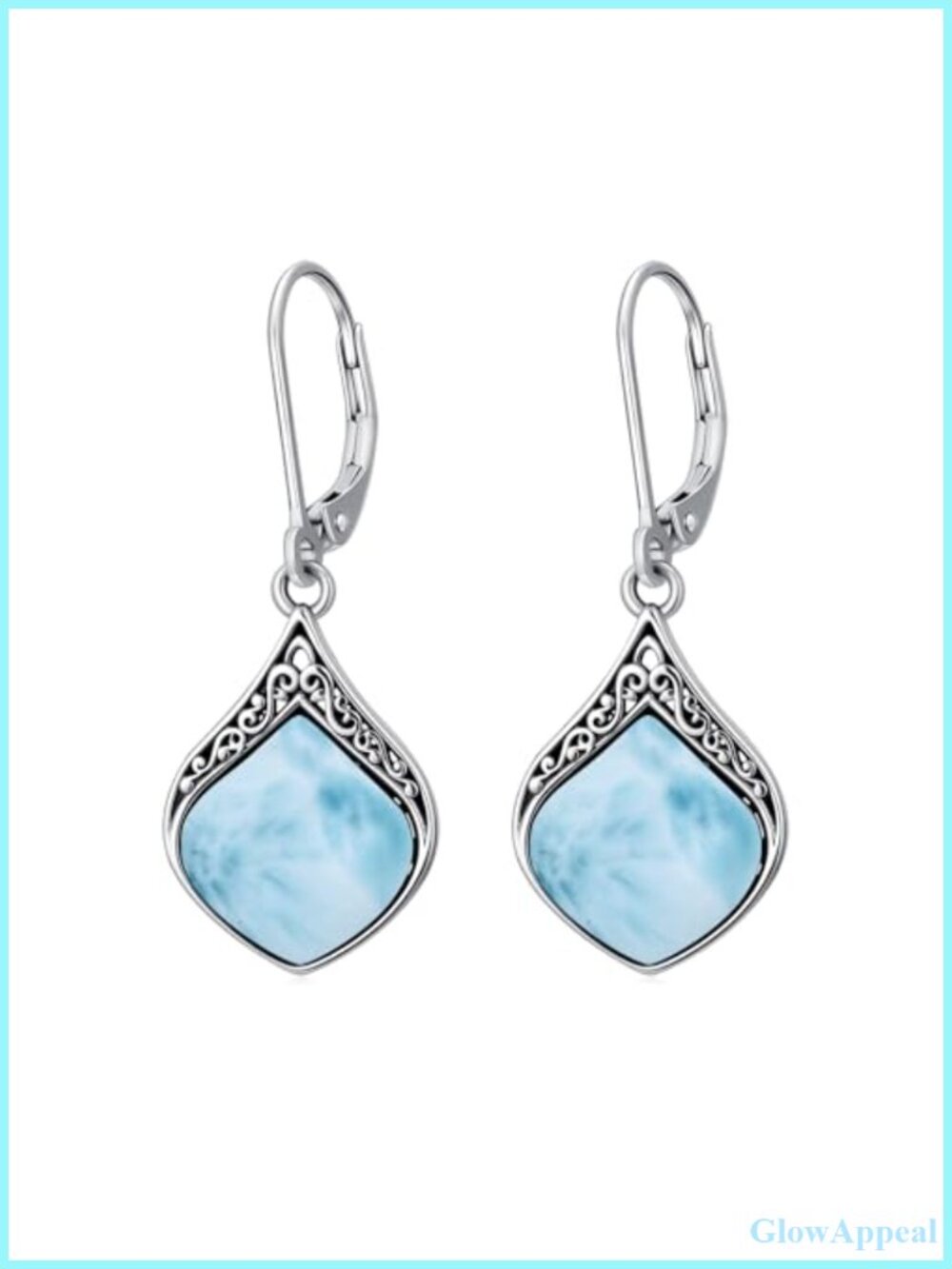Teardrop Larimar Gemstone Earrings 925 Sterling Silver Vintage Filigree